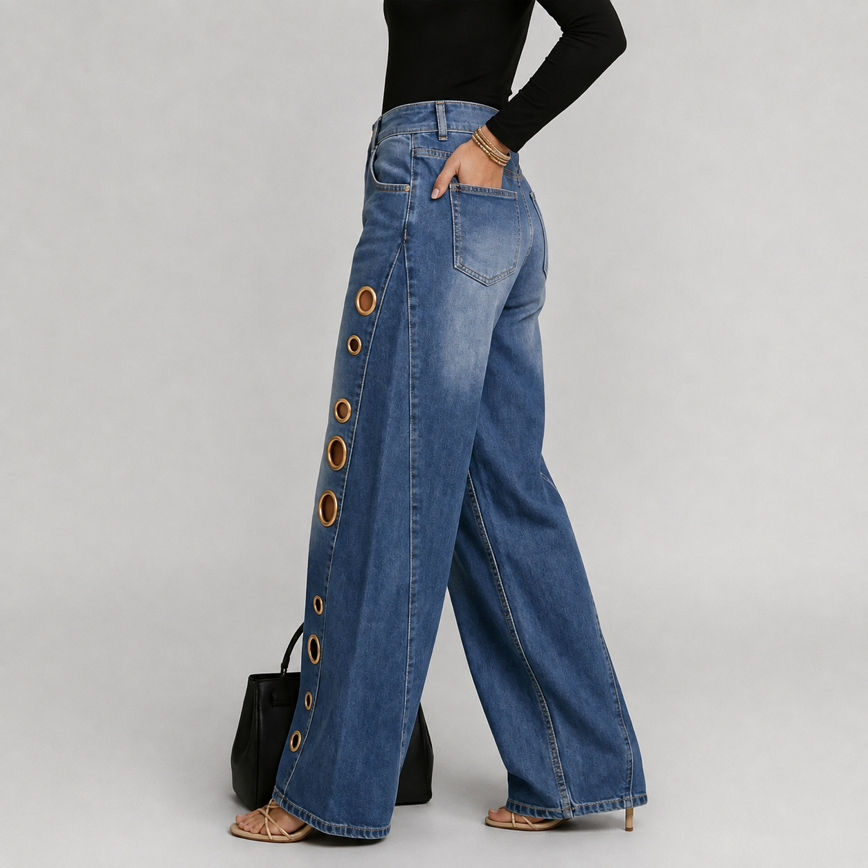 Casual Wide Loose Cutout Front Jeans With Button For Women