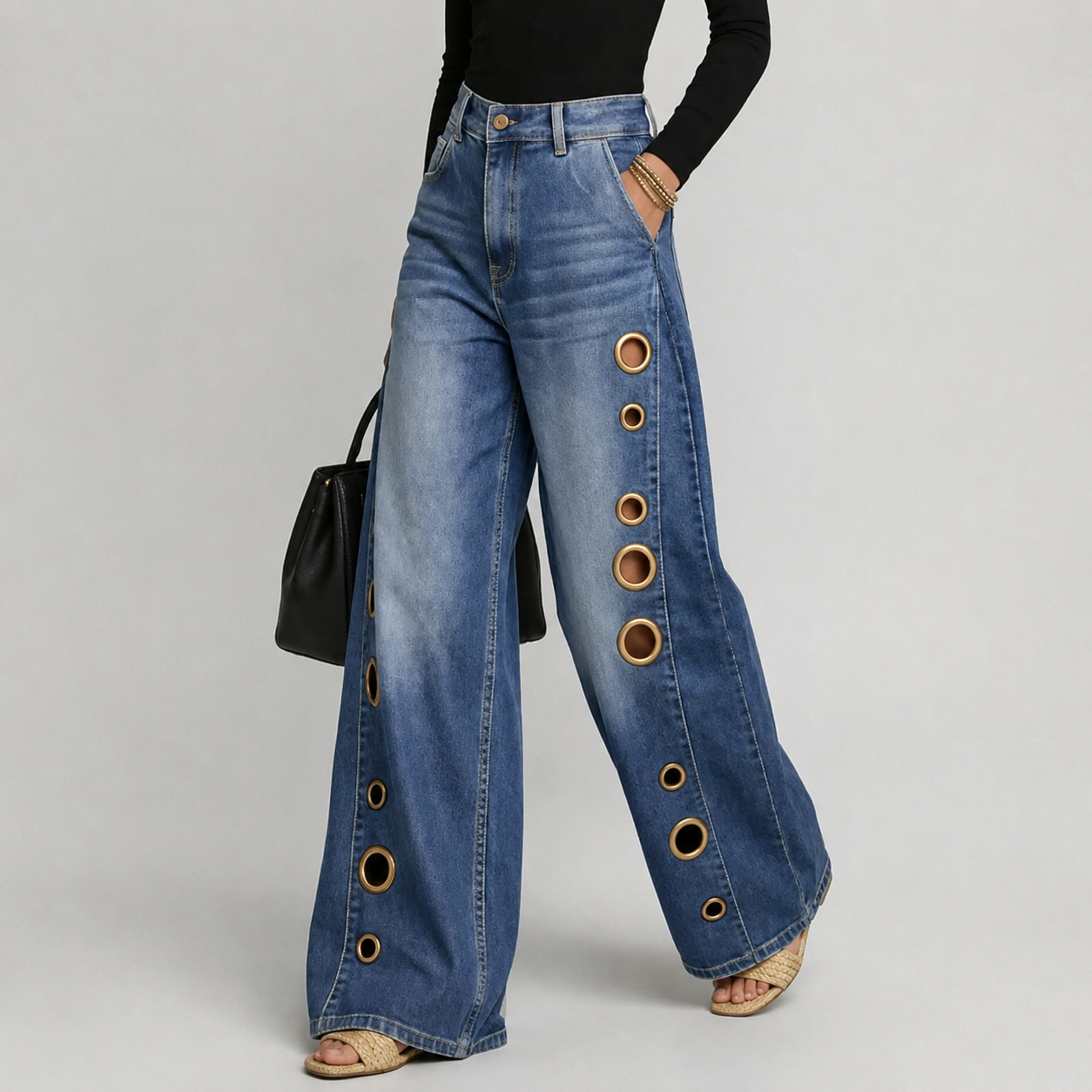 Casual Wide Loose Cutout Front Jeans With Button For Women