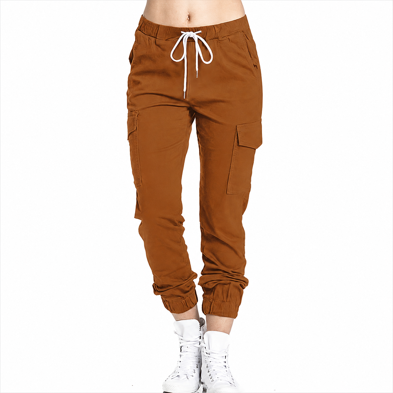 Casual Solid Long Cargo Pants With Drawstring And Pockets For Women