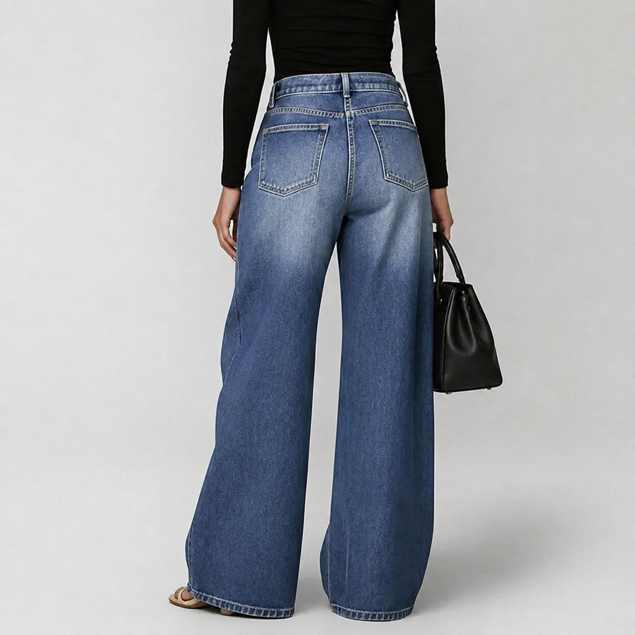 Casual Wide Loose Cutout Front Jeans With Button For Women