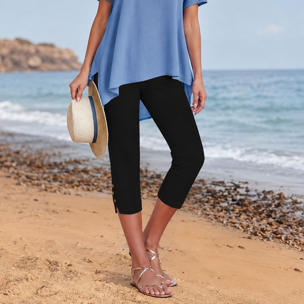 Casual Stretch Capri Pants With Buttons For Women