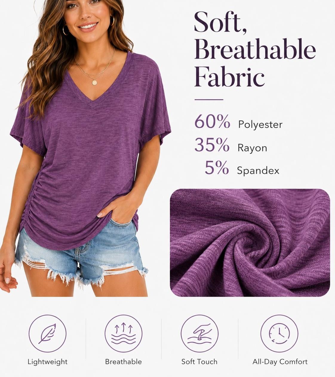 WIHOLL SwimWeek Womens Short Sleeve V Neck Dolman Tops with Side Shirring Loose Fit Shirts