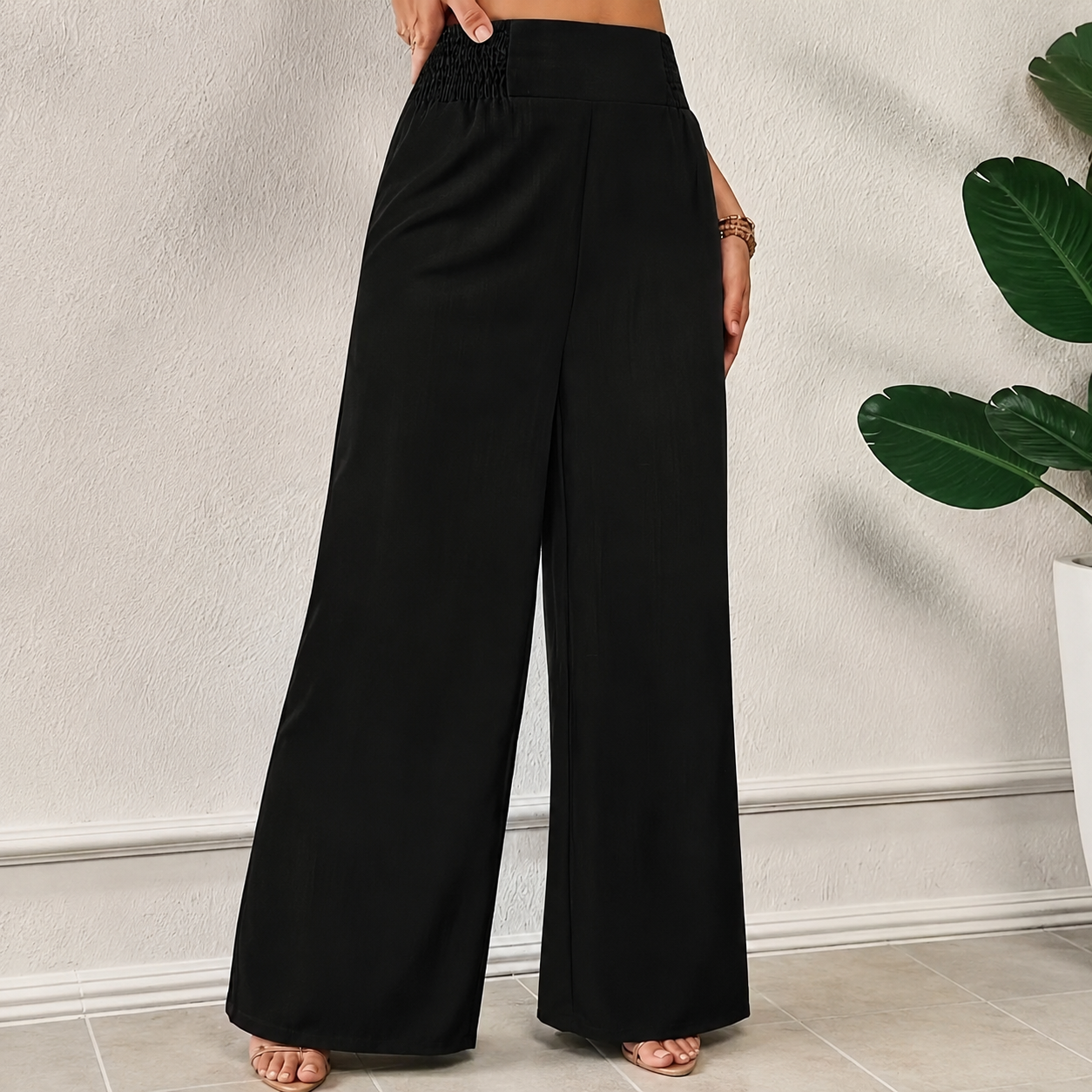 High Rise Wide Fit Pull On Casual Pants For Women