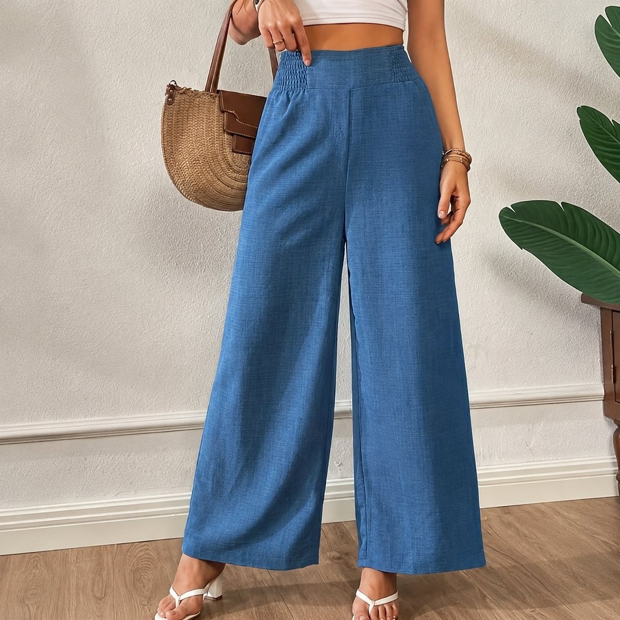 High Rise Wide Fit Pull On Casual Pants For Women