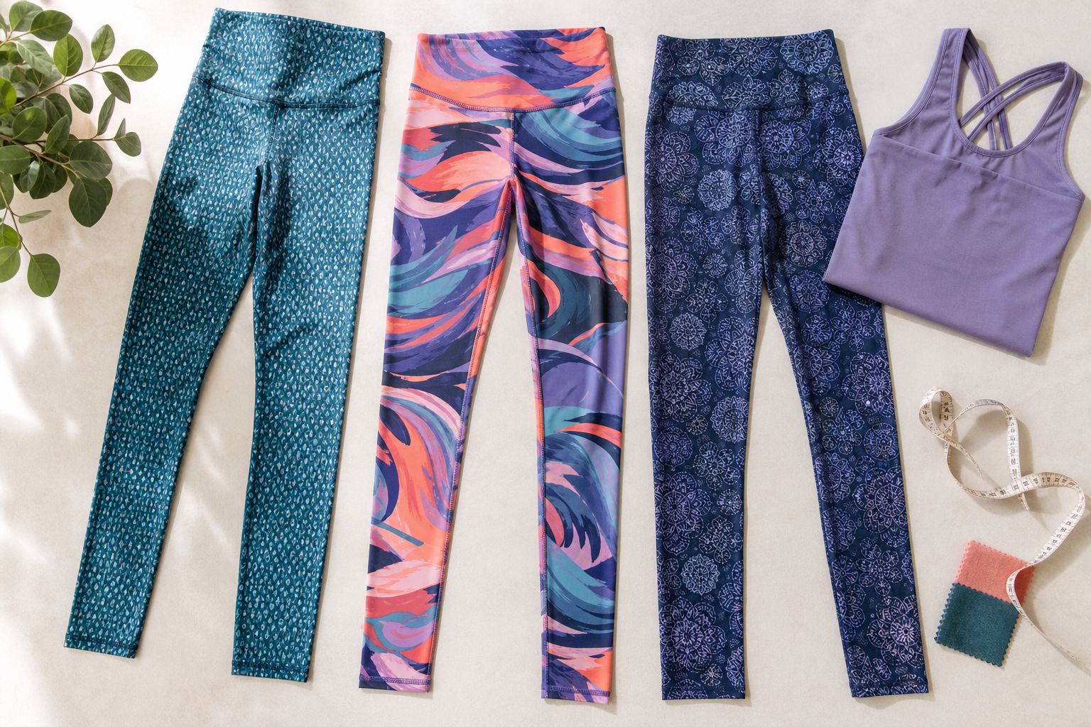 Three colorful printed leggings with different pattern scales beside a measuring tape and fabric swatches