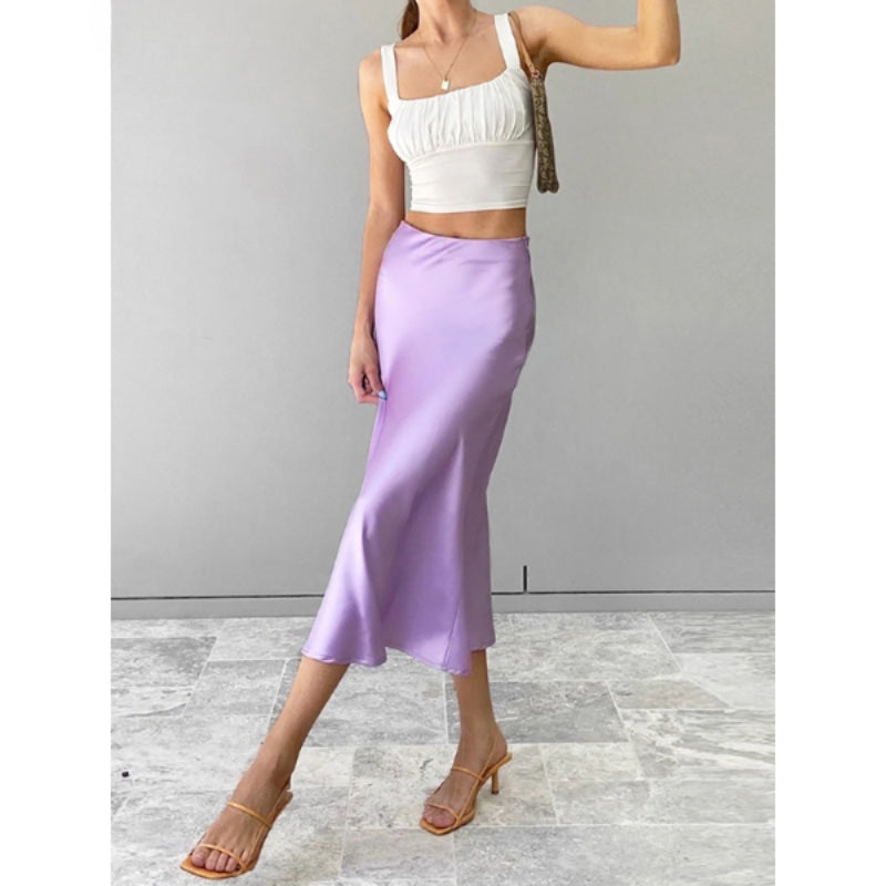 Solid Colors Satin Silk Skirt For Women-Legletic