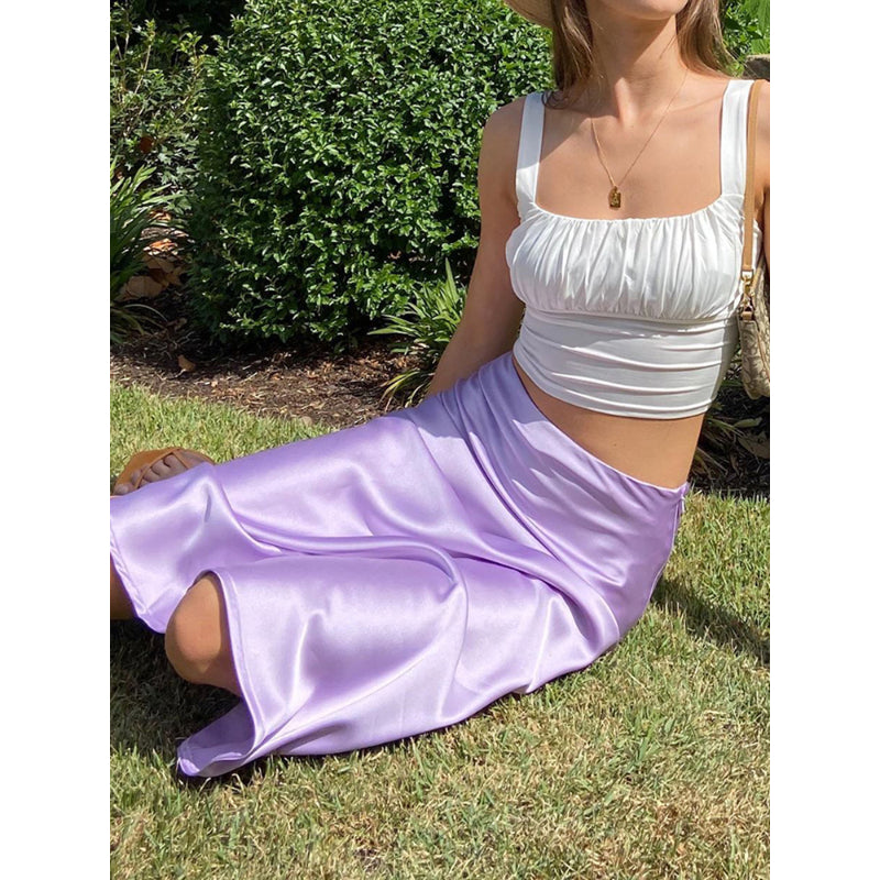 Solid Colors Satin Silk Skirt For Women-Legletic