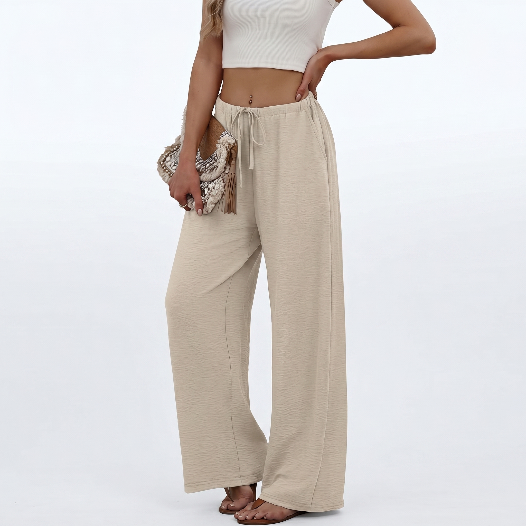 Summer Beach Wide Drawstring Flowy Palazzo Pants For Women