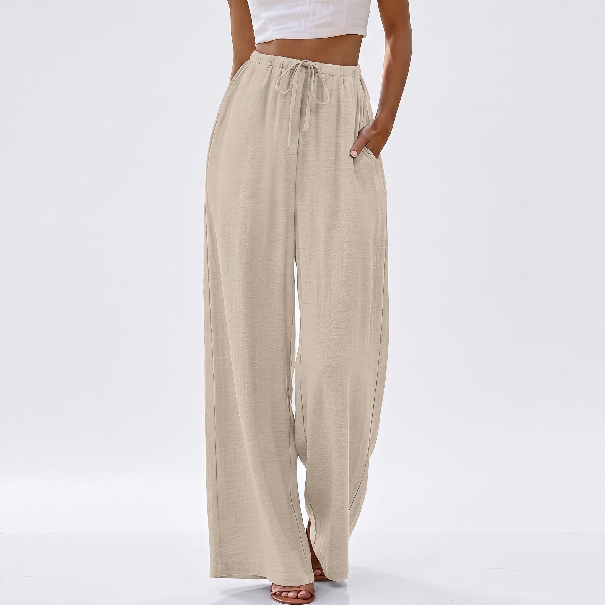 Summer Beach Wide Drawstring Flowy Palazzo Pants For Women