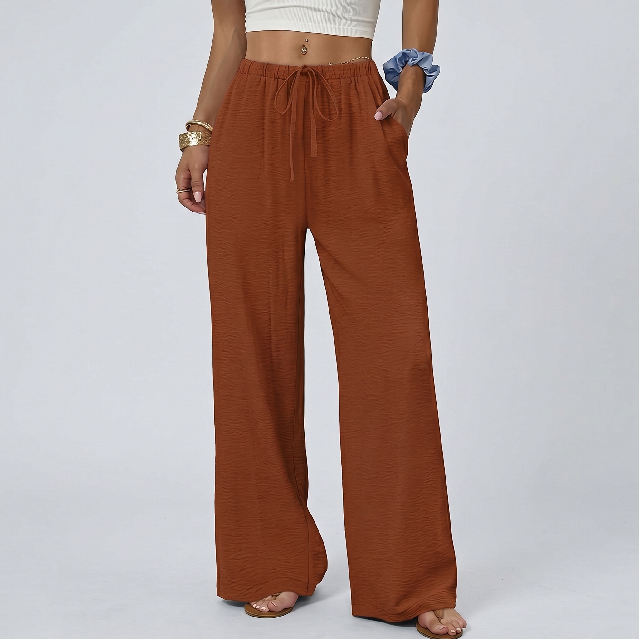 Summer Beach Wide Drawstring Flowy Palazzo Pants For Women