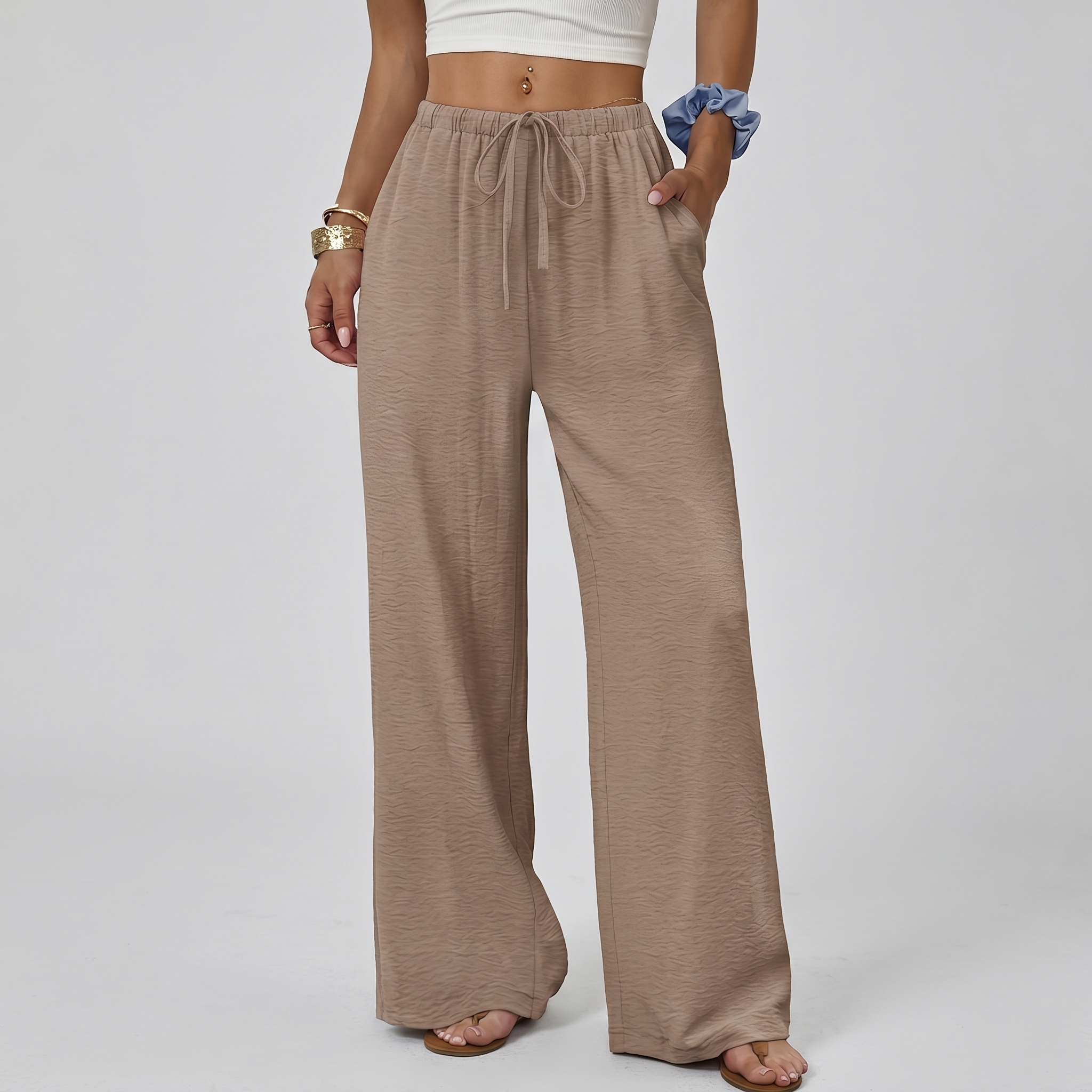 Summer Beach Wide Drawstring Flowy Palazzo Pants For Women
