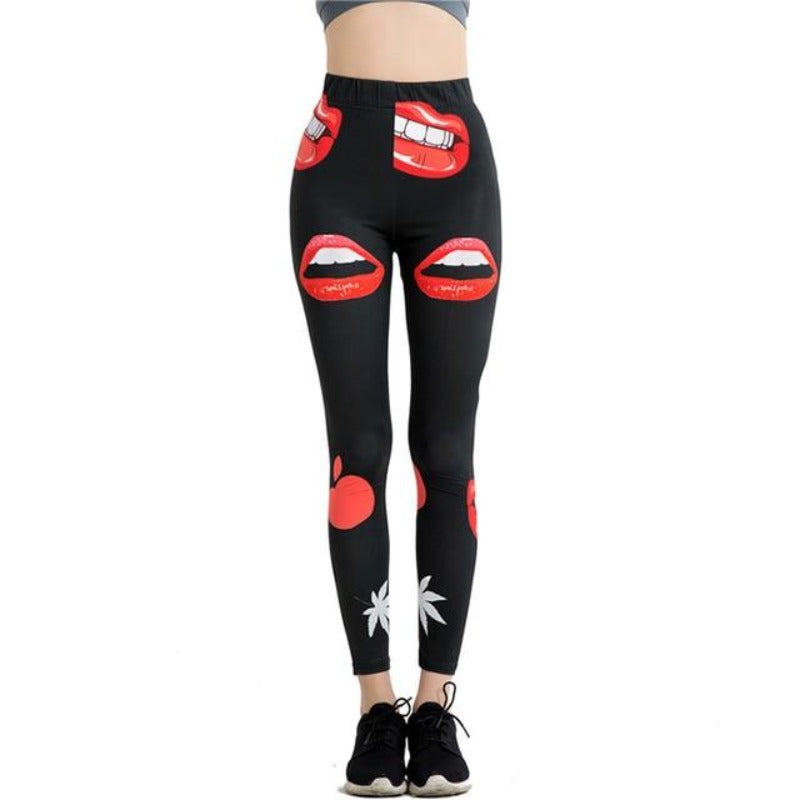 Red Lips Cartoon Colorful Print Leggings-Legletic