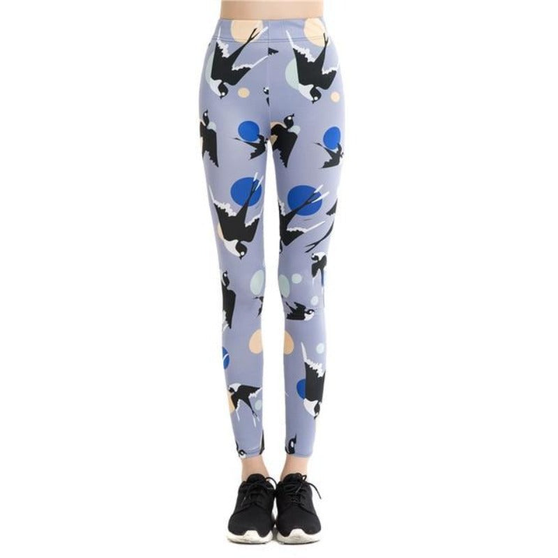 Black Bird Colorful Print Leggings-Legletic