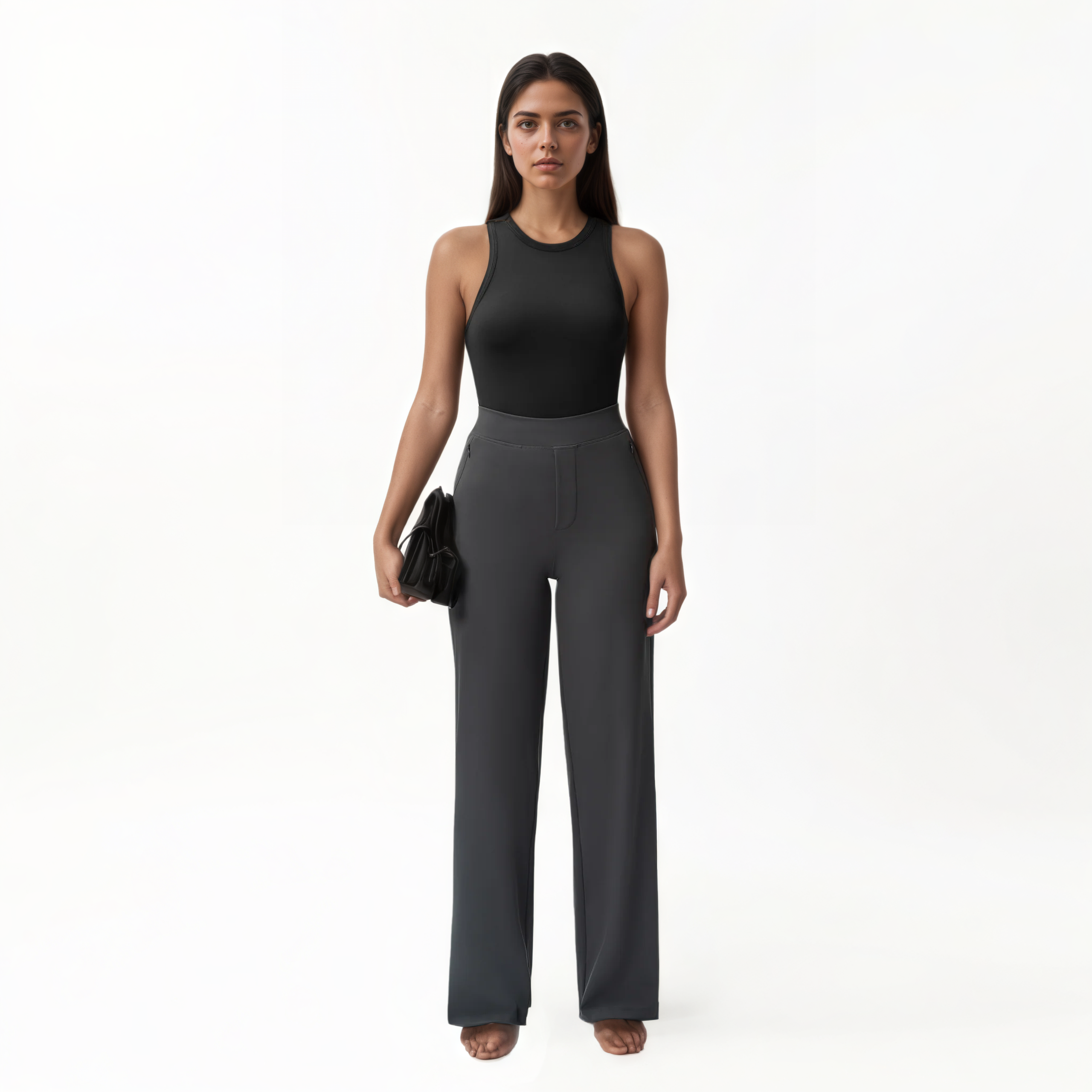 High Rise Straight Fit Pants With Zip Pocket Design