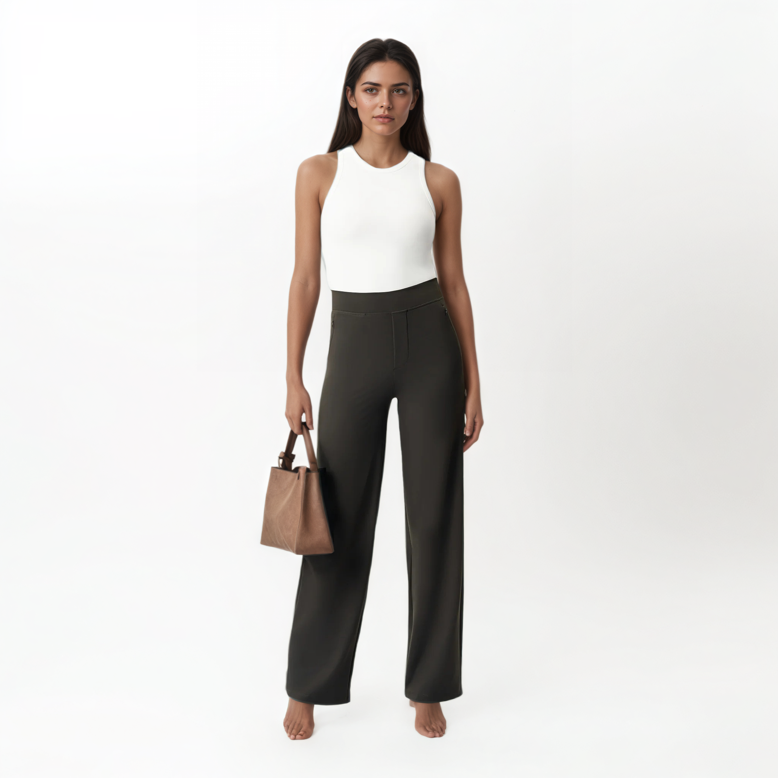 High Rise Straight Fit Pants With Zip Pocket Design