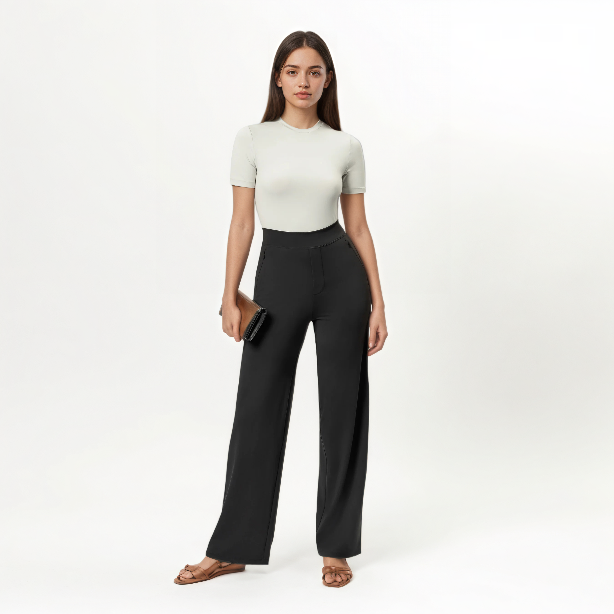 High Rise Straight Fit Pants With Zip Pocket Design