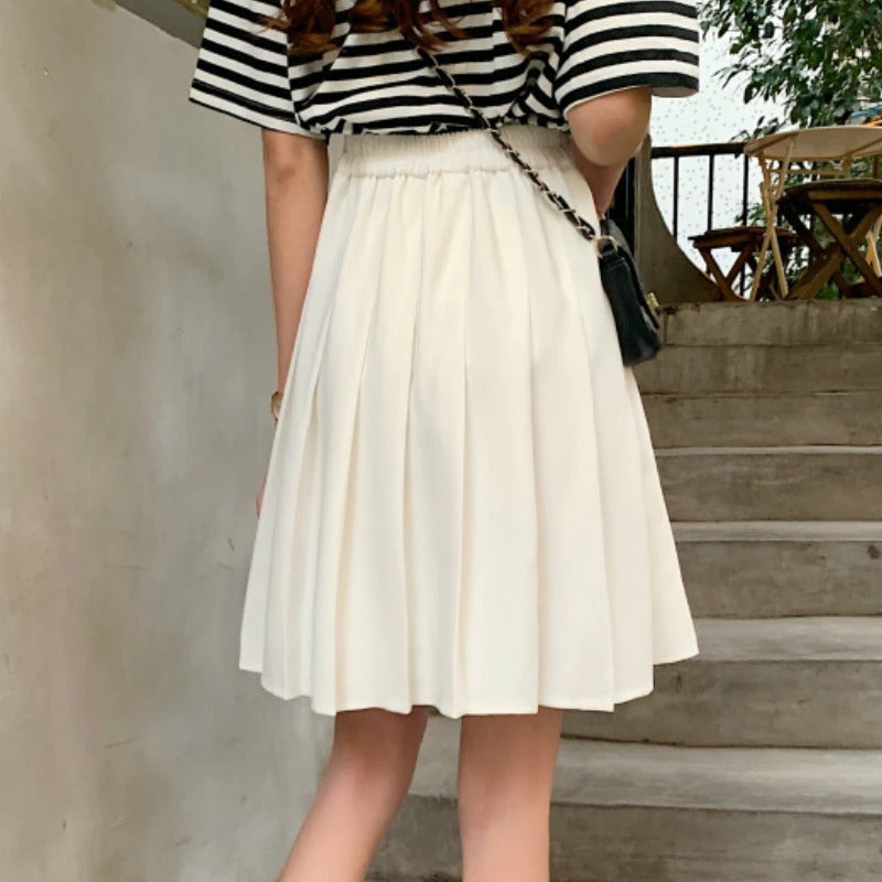 High Waist Knee Length Preppy Style Pleated Skirt-Legletic