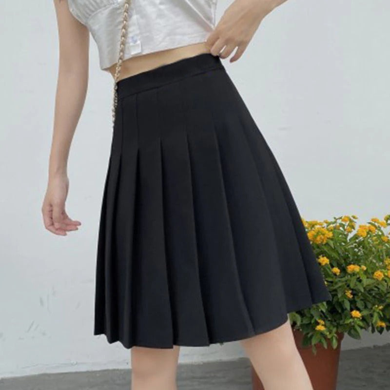 High Waist Knee Length Preppy Style Pleated Skirt-Legletic
