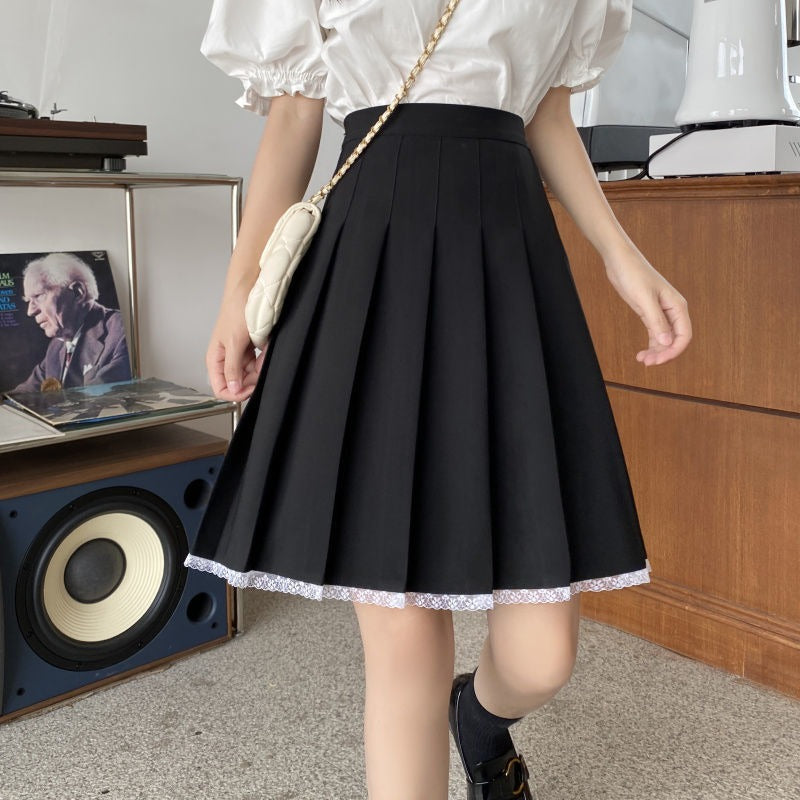High Waist Knee Length Preppy Style Pleated Skirt-Legletic