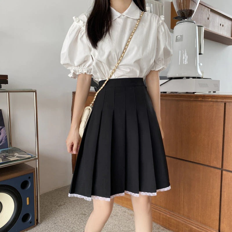 High Waist Knee Length Preppy Style Pleated Skirt-Legletic