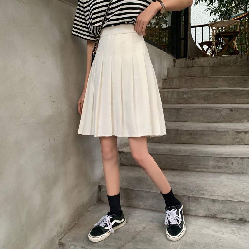 High Waist Knee Length Preppy Style Pleated Skirt-Legletic