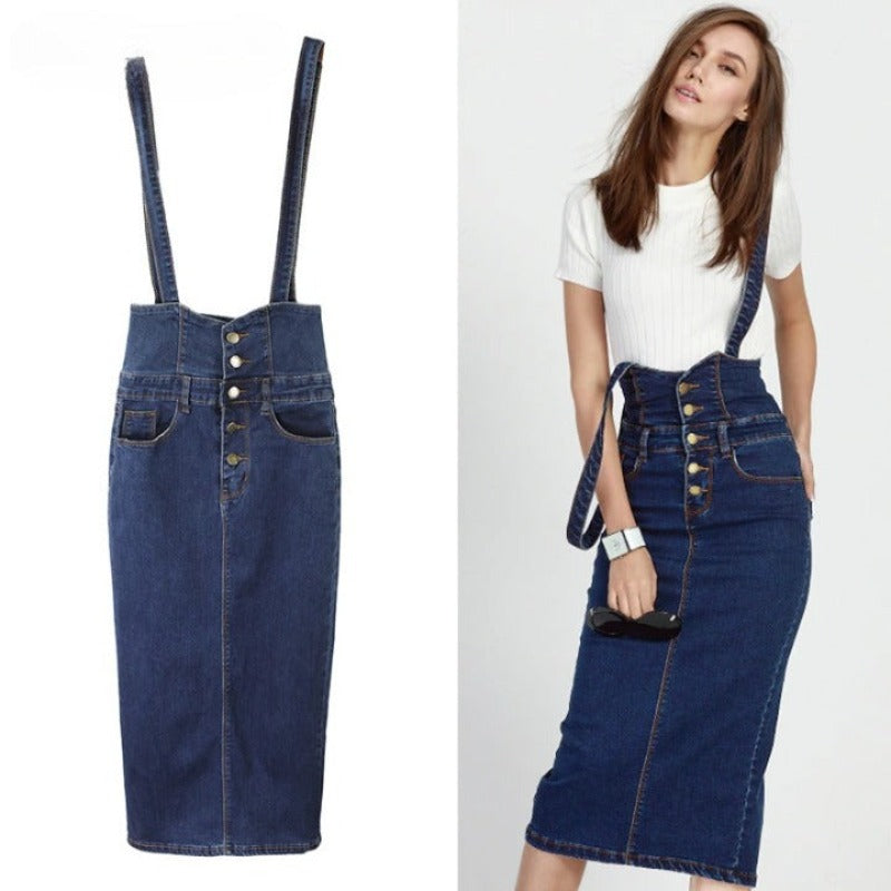Long Denim Skirt With Straps Skirts-Legletic