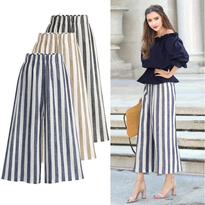 Linen High Waist Summer Cotton Pants With Stripes-Legletic