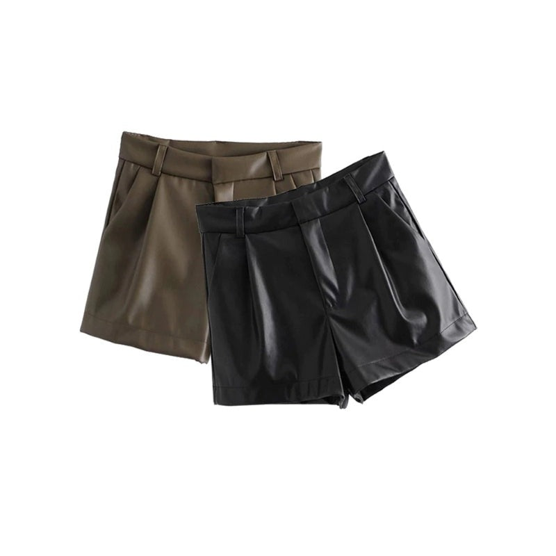 Faux Leather Shorts With Side Pockets-Legletic