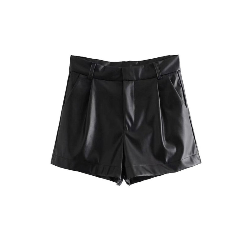 Faux Leather Shorts With Side Pockets-Legletic