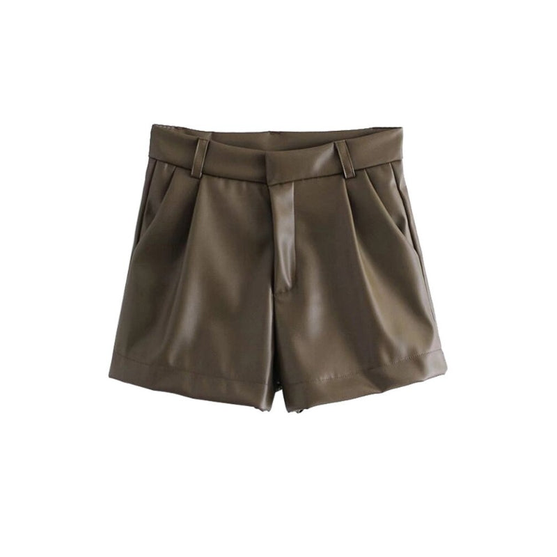 Faux Leather Shorts With Side Pockets-Legletic