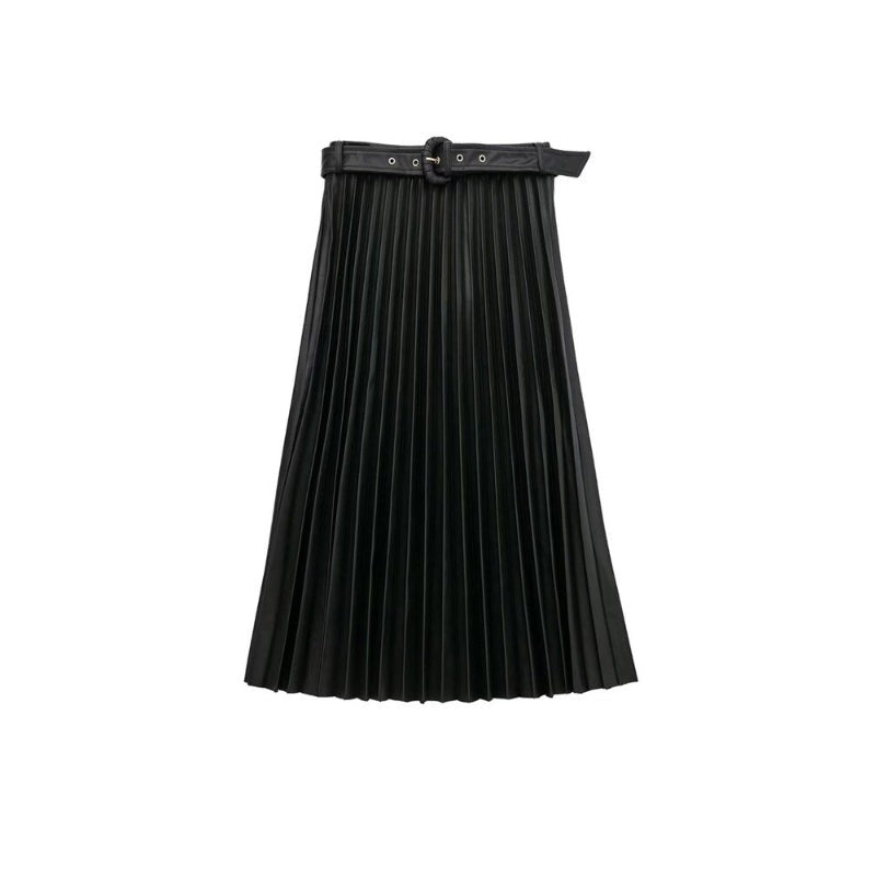 Leather Pleated Midi Skirt With Belt-Legletic