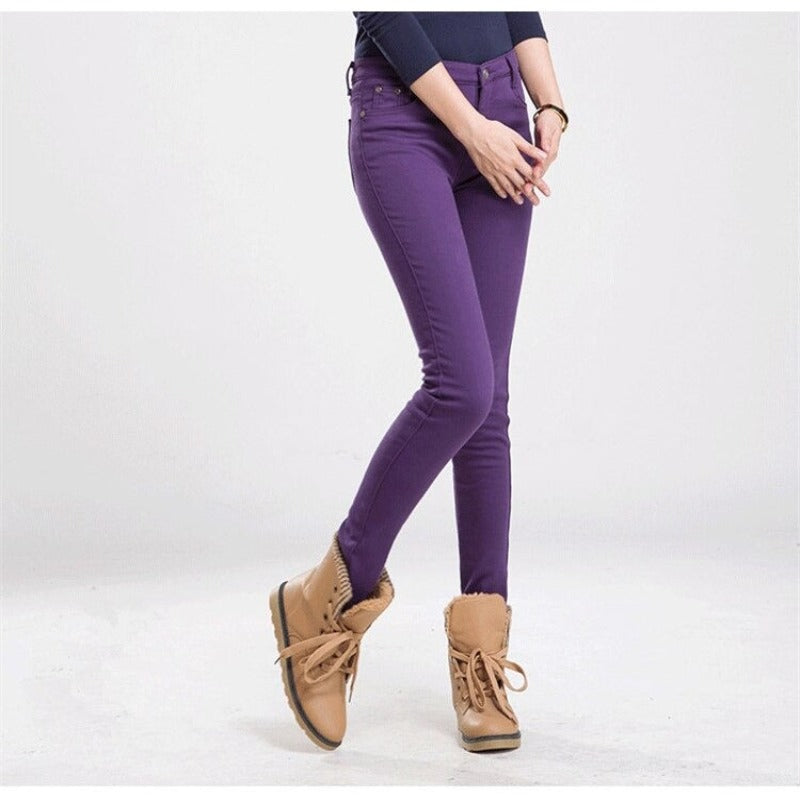 Women's Warm Thick Colorful Office Jeans-Legletic