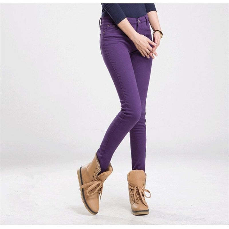 Women's Warm Thick Colorful Office Jeans-Legletic