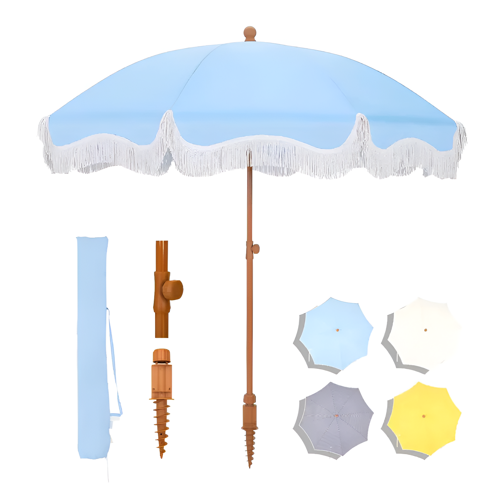 PHI VILLA 7ft Patio Umbrella with Fringe UPF 50+ Canopy, 8 High Wind Proof Fiberglass Ribs Fully Assembled Carry Bag Available Outdoor Aesthetic Round