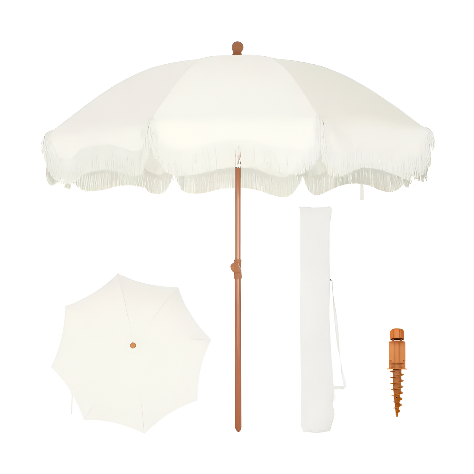 PHI VILLA 7ft Patio Umbrella with Fringe UPF 50+ Canopy, 8 High Wind Proof Fiberglass Ribs Fully Assembled Carry Bag Available Outdoor Aesthetic Round