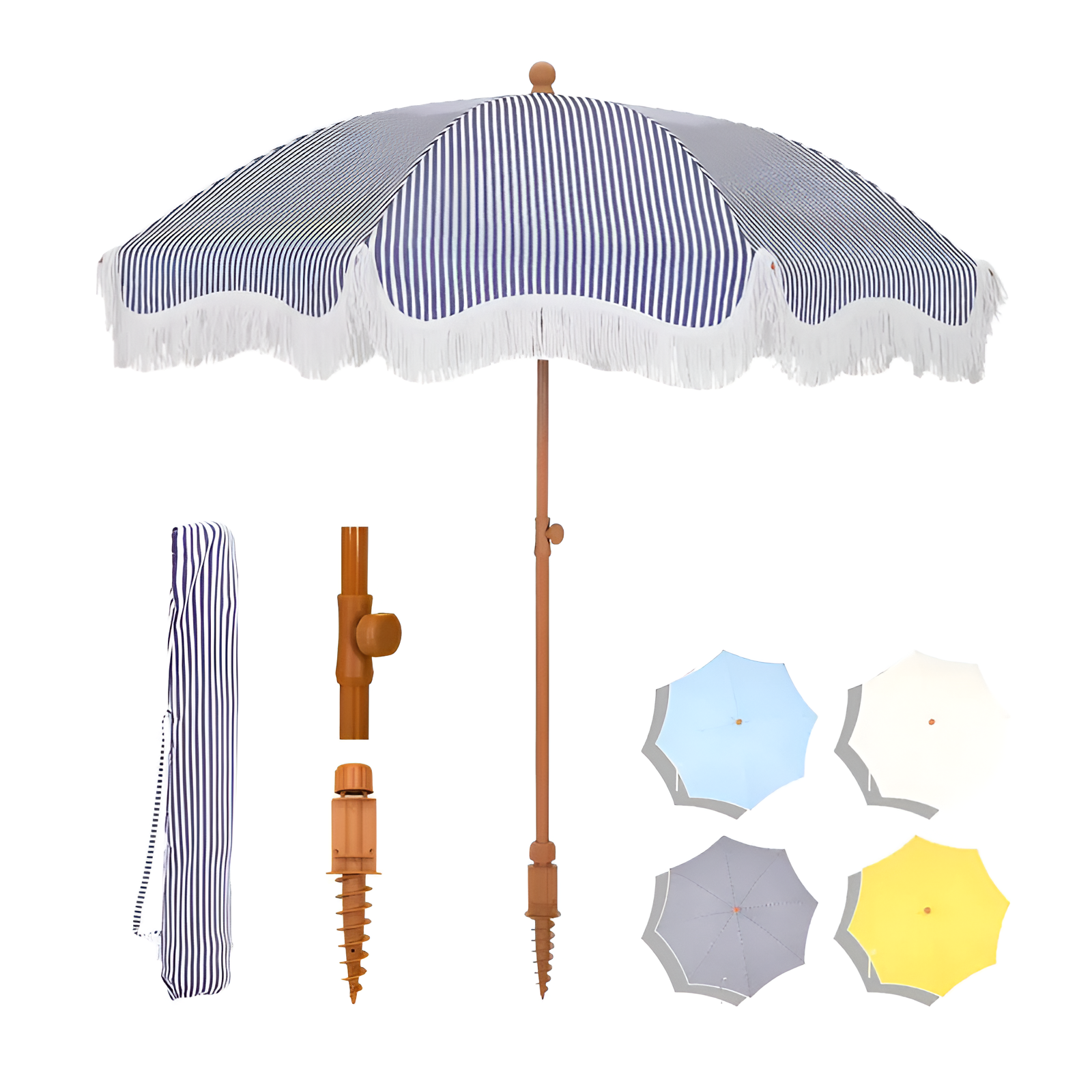 PHI VILLA 7ft Patio Umbrella with Fringe UPF 50+ Canopy, 8 High Wind Proof Fiberglass Ribs Fully Assembled Carry Bag Available Outdoor Aesthetic Round