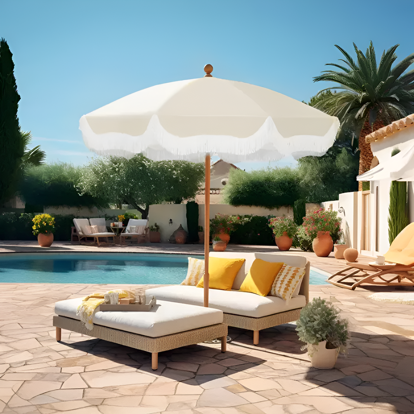 PHI VILLA 7ft Patio Umbrella with Fringe UPF 50+ Canopy, 8 High Wind Proof Fiberglass Ribs Fully Assembled Carry Bag Available Outdoor Aesthetic Round