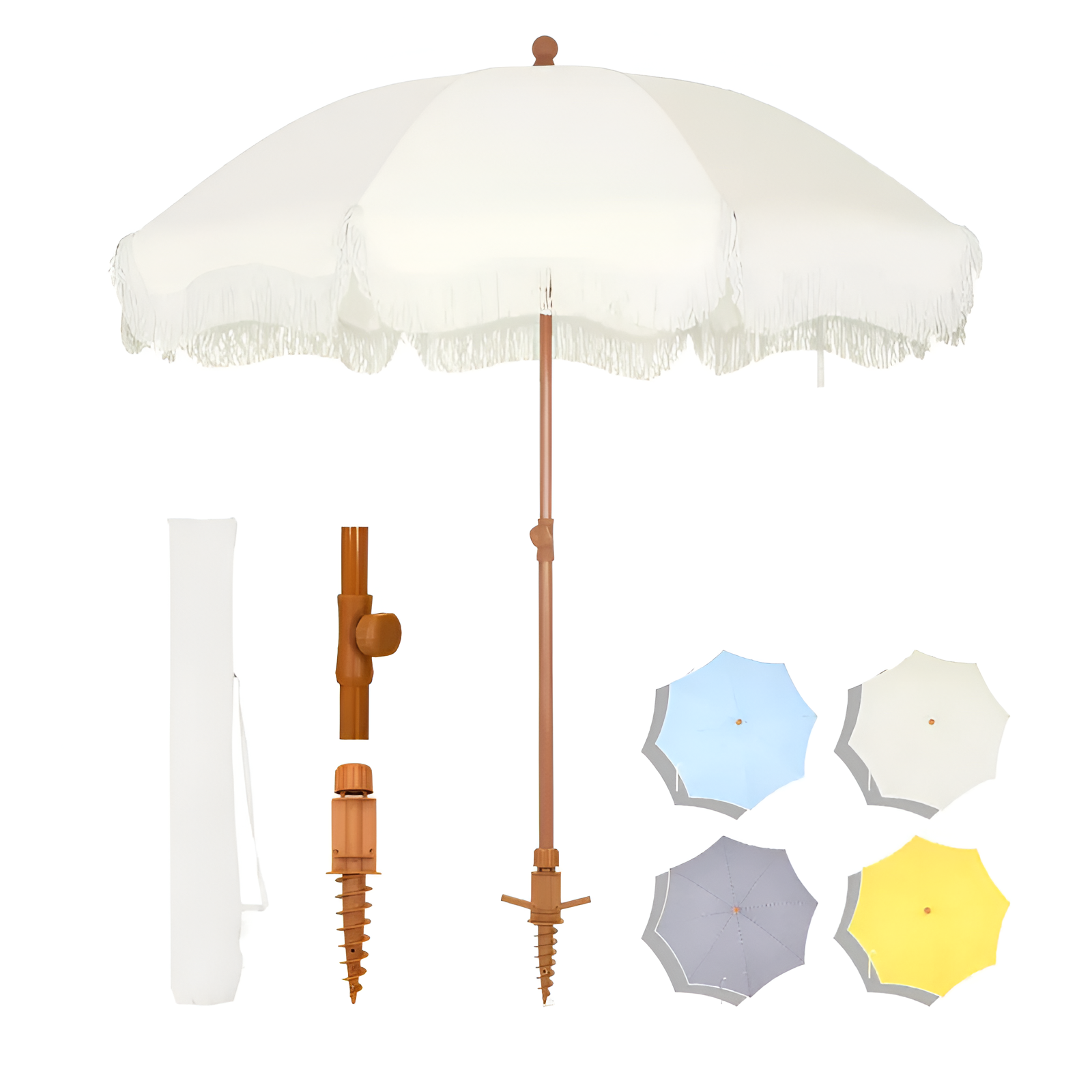 PHI VILLA 7ft Patio Umbrella with Fringe UPF 50+ Canopy, 8 High Wind Proof Fiberglass Ribs Fully Assembled Carry Bag Available Outdoor Aesthetic Round