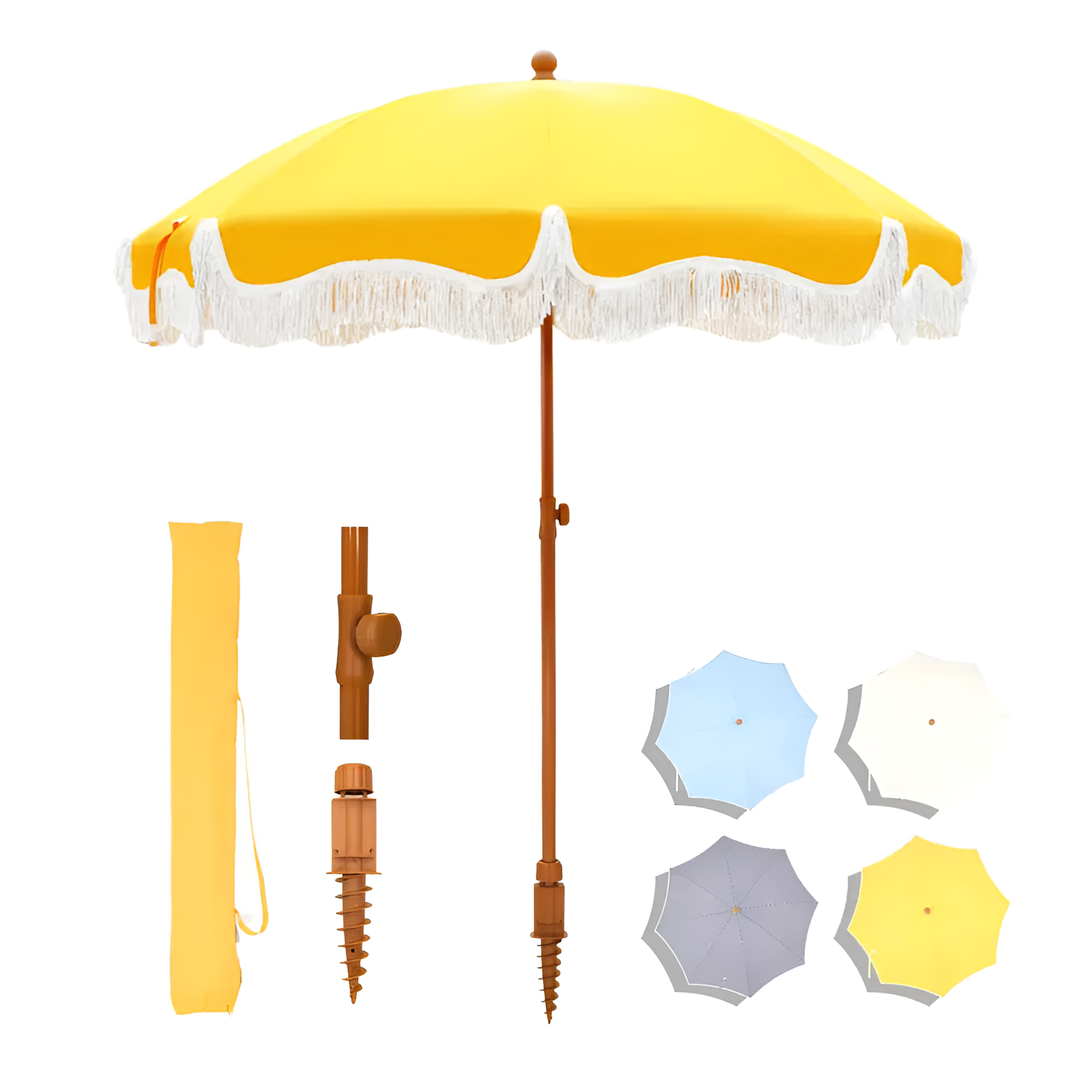 PHI VILLA 7ft Patio Umbrella with Fringe UPF 50+ Canopy, 8 High Wind Proof Fiberglass Ribs Fully Assembled Carry Bag Available Outdoor Aesthetic Round