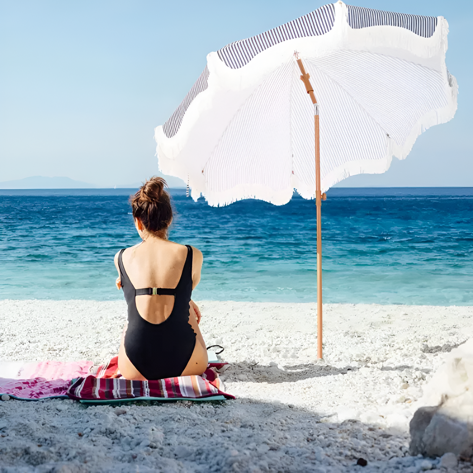 PHI VILLA 7ft Patio Umbrella with Fringe UPF 50+ Canopy, 8 High Wind Proof Fiberglass Ribs Fully Assembled Carry Bag Available Outdoor Aesthetic Round