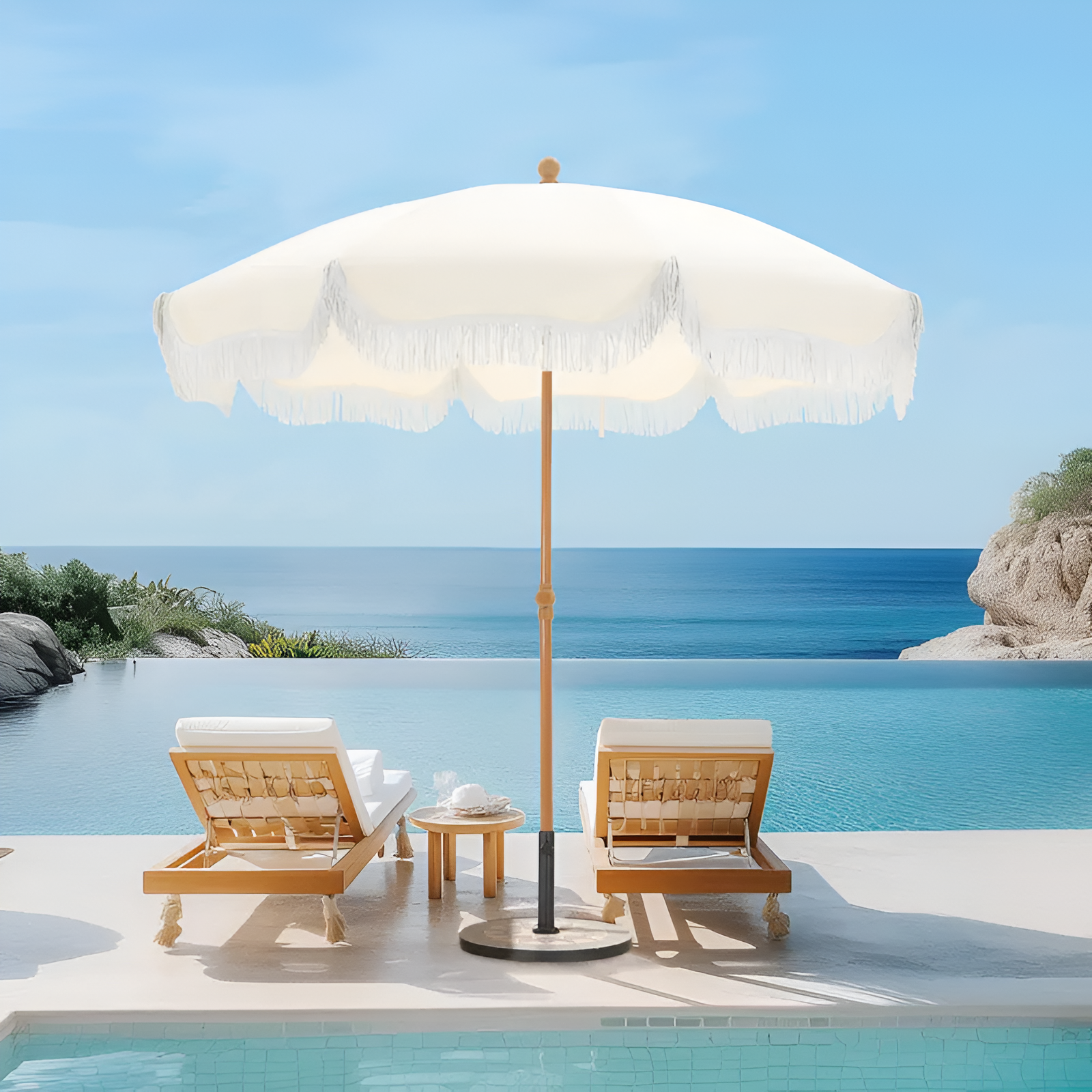 PHI VILLA 7ft Patio Umbrella with Fringe UPF 50+ Canopy, 8 High Wind Proof Fiberglass Ribs Fully Assembled Carry Bag Available Outdoor Aesthetic Round