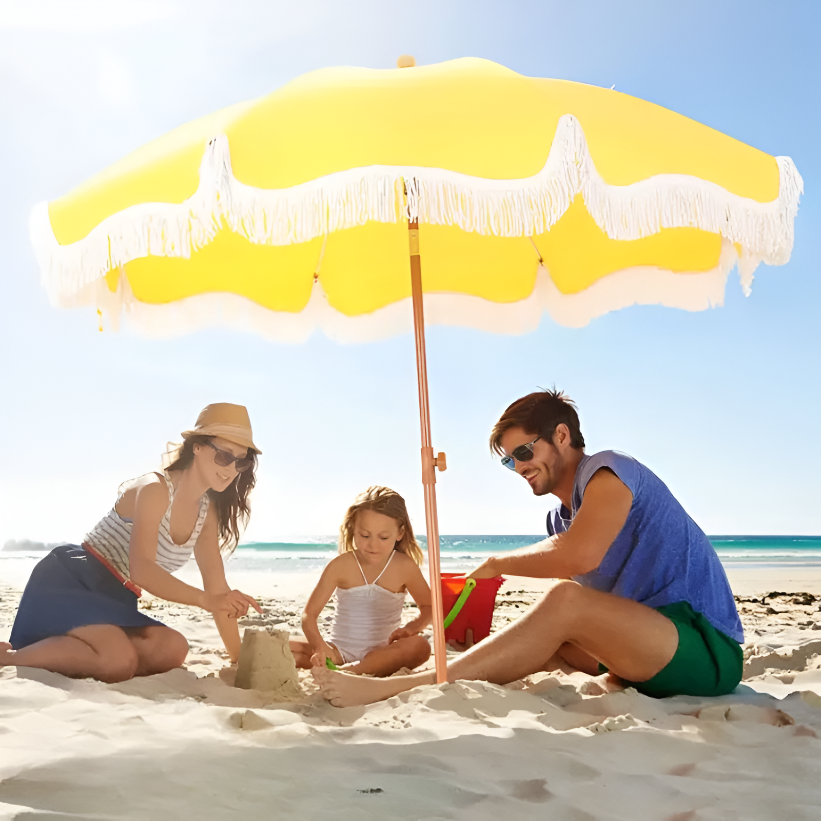 PHI VILLA 7ft Patio Umbrella with Fringe UPF 50+ Canopy, 8 High Wind Proof Fiberglass Ribs Fully Assembled Carry Bag Available Outdoor Aesthetic Round