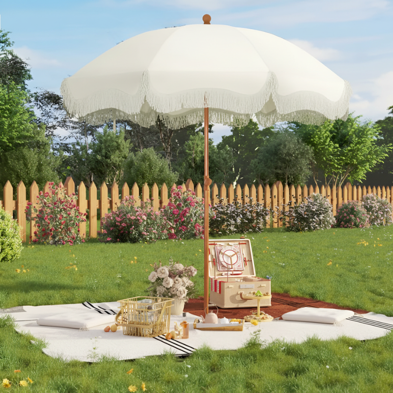 PHI VILLA 7ft Patio Umbrella with Fringe UPF 50+ Canopy, 8 High Wind Proof Fiberglass Ribs Fully Assembled Carry Bag Available Outdoor Aesthetic Round