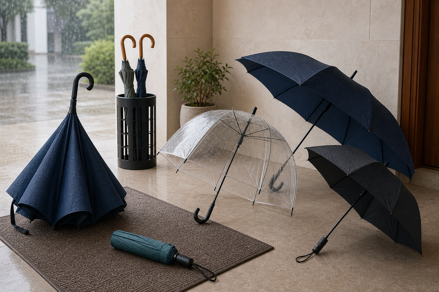 Reversible, compact automatic, transparent dome, large couple and standard folding umbrellas compared at a covered rainy entryway