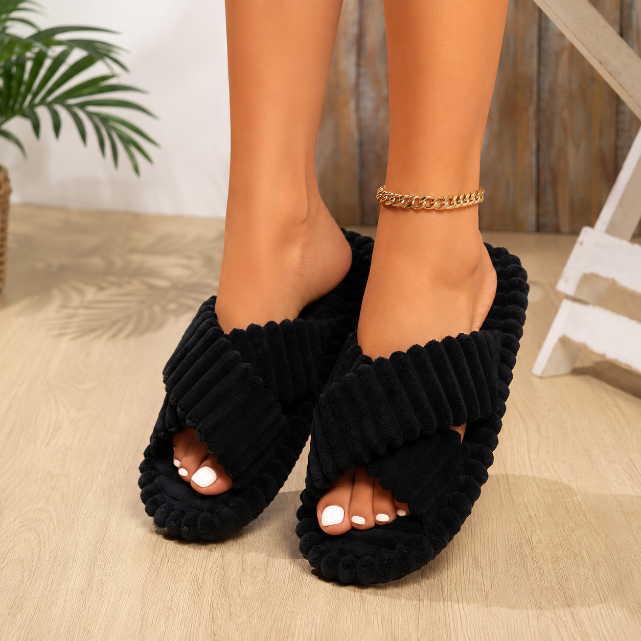 Cross Strap Fluffy Slip On Home Slippers For Women