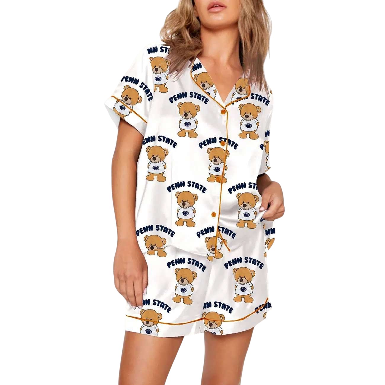 Teddy Bear Football Print Pajama Set With Long Sleeves