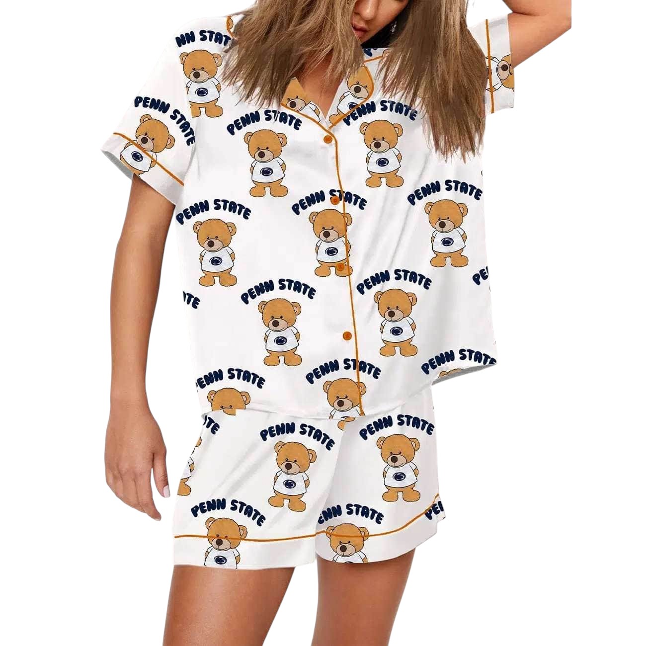 Teddy Bear Football Print Pajama Set With Long Sleeves