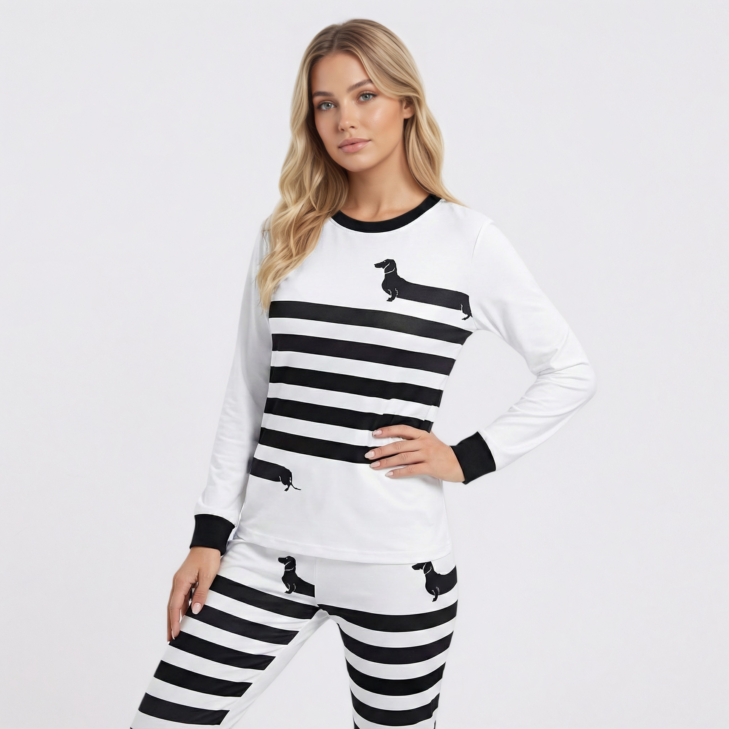 Dachshund Stripe Print Long Pajama Set