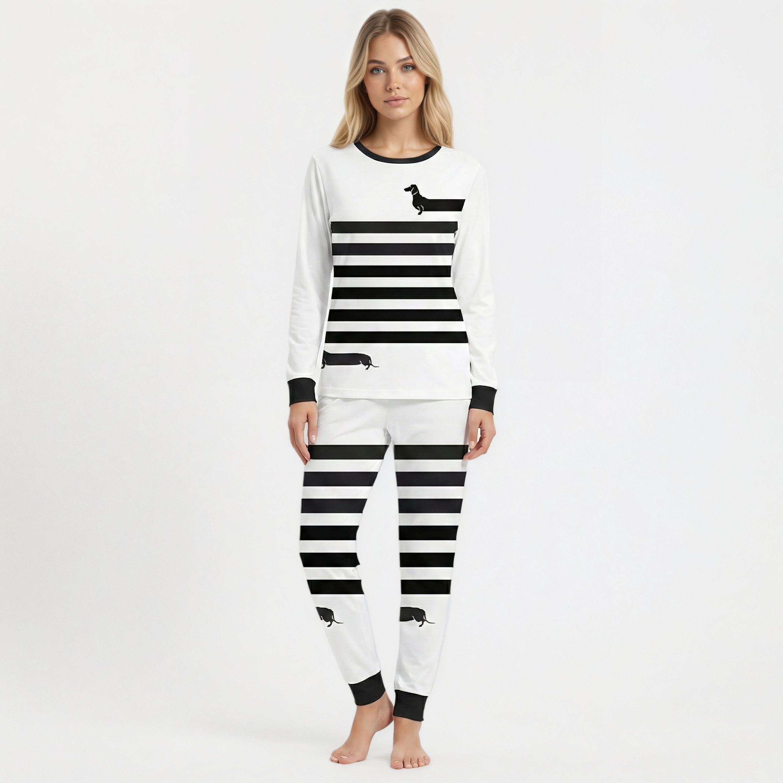 Dachshund Stripe Print Long Pajama Set