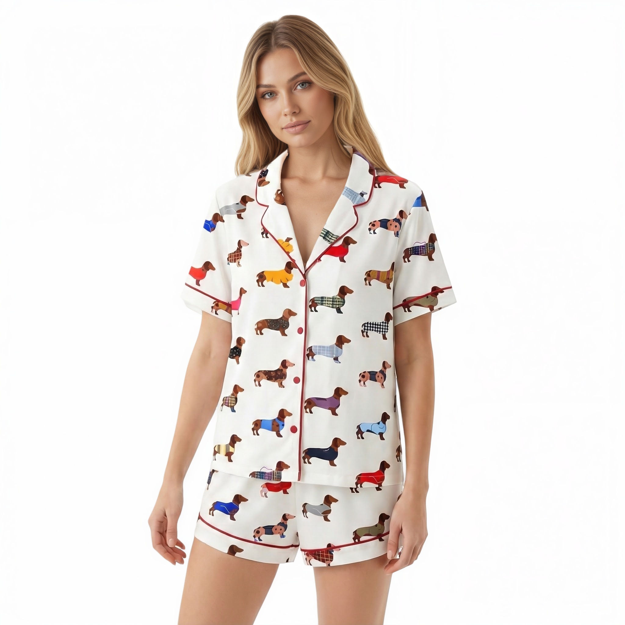 Dachshund Print Button Front Pajama Set